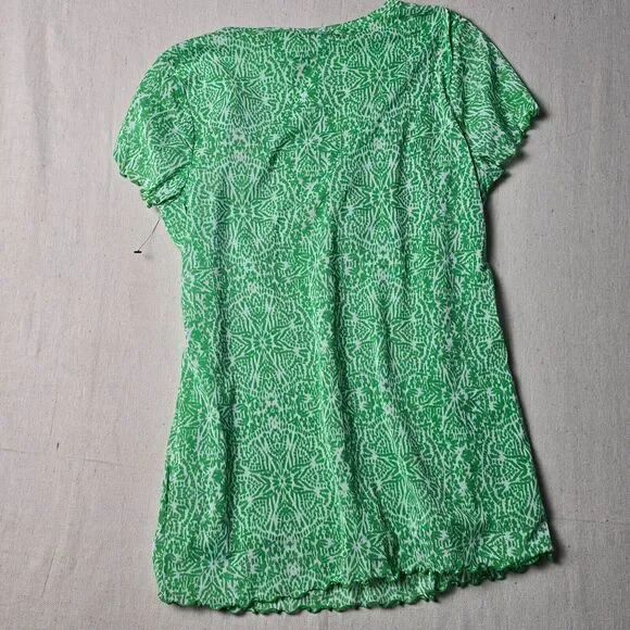Lizwear Top Pull-On V-Neck Lined Ruffled Hem Short Sleeve Green/White Size M - Picture 8 of 9